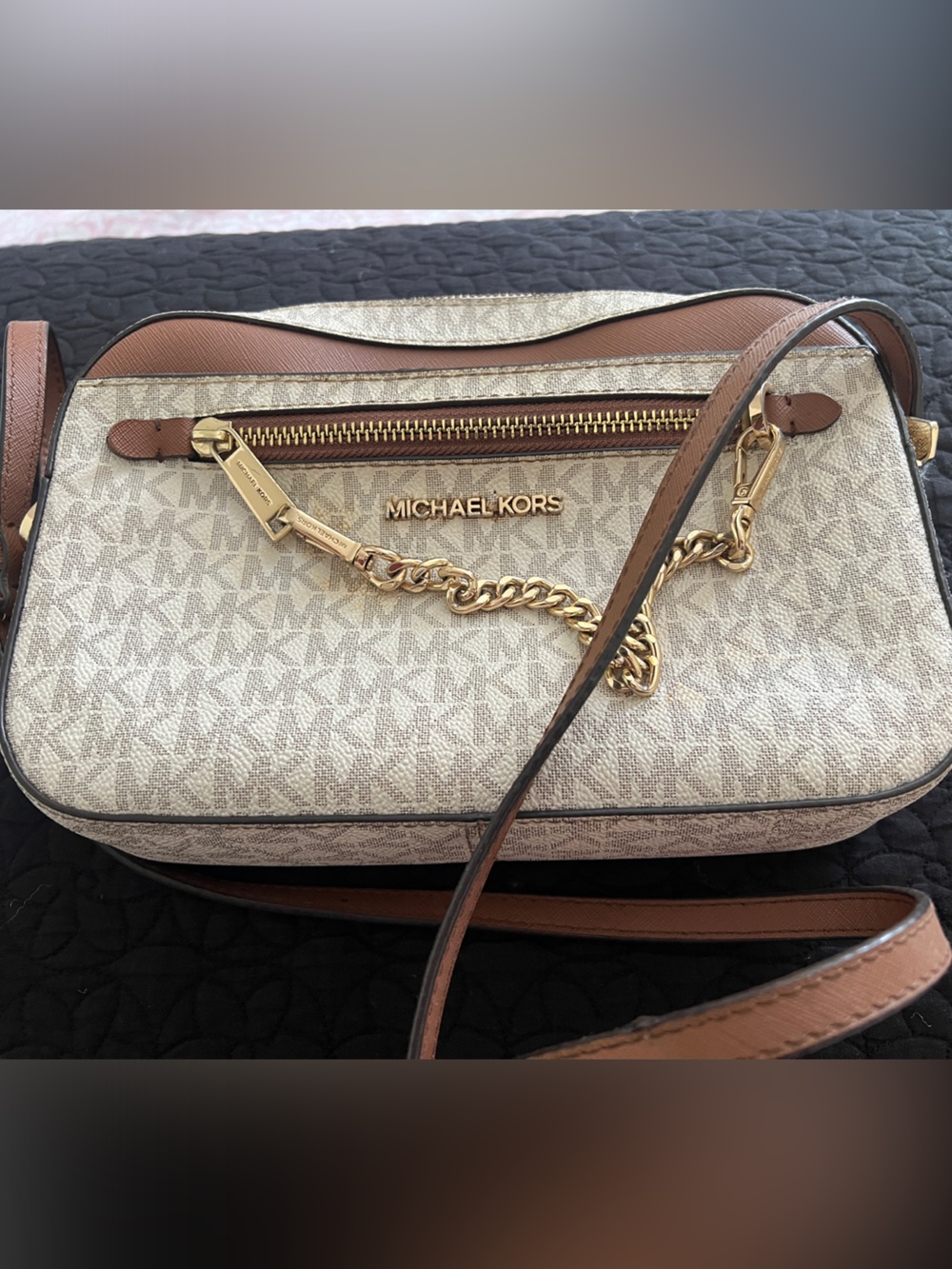 Michael Kors Cream and Brown Signature Crossbody with Gold Hardware